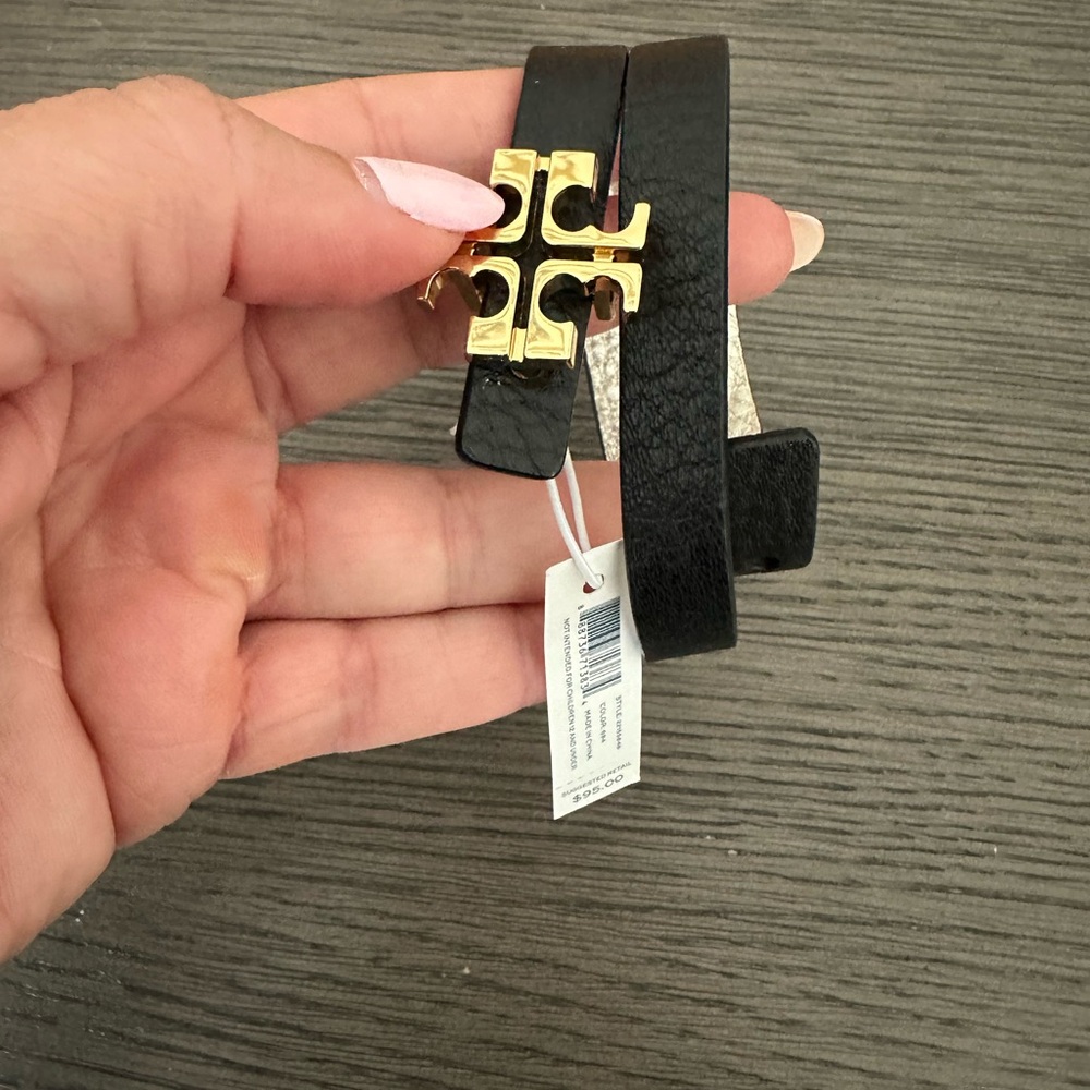 Tory Burch Black Leather Bracelet with Gold Logo